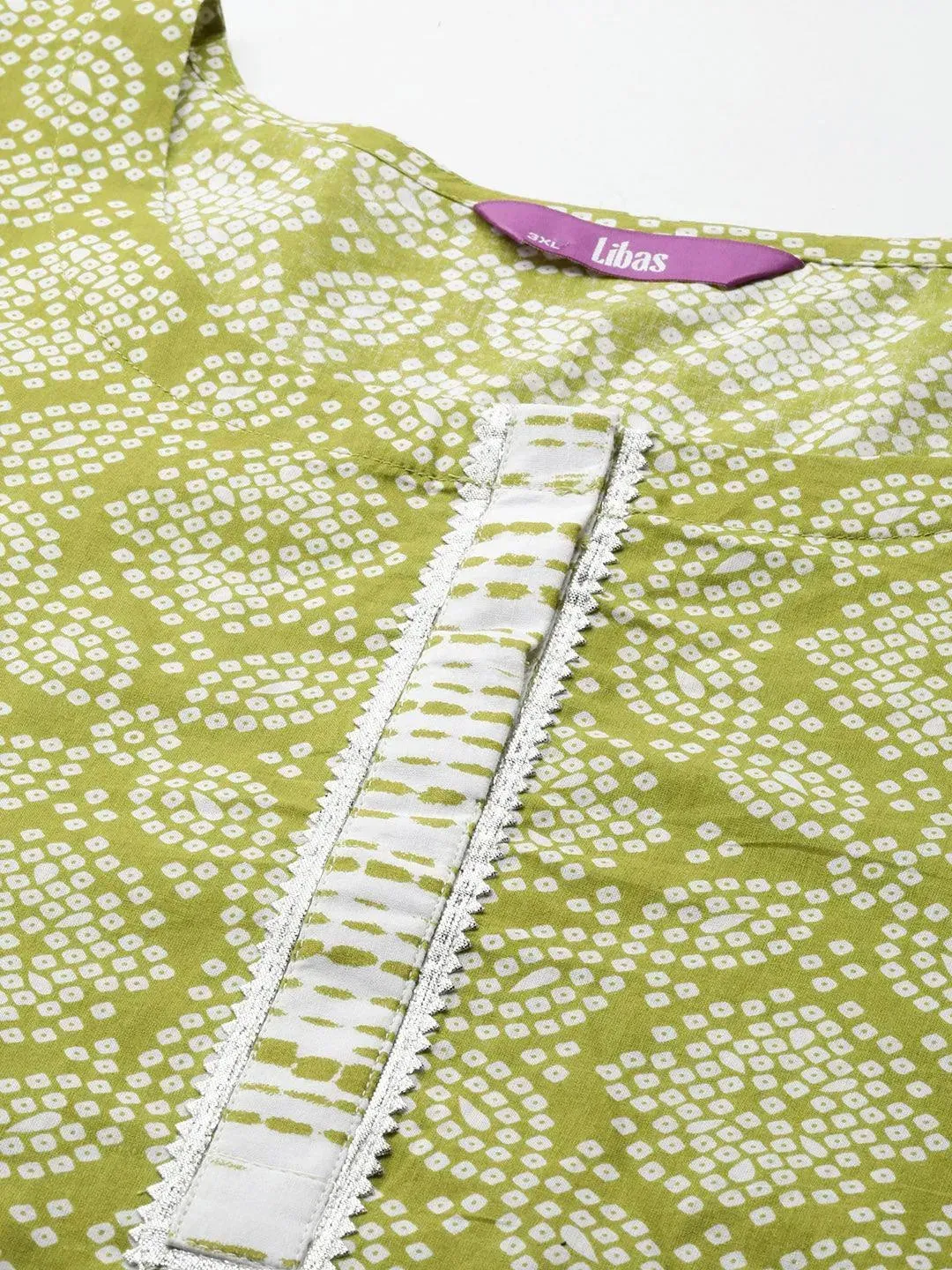 Plus Size Green Printed Cotton Straight Kurta With Trousers & Dupatta