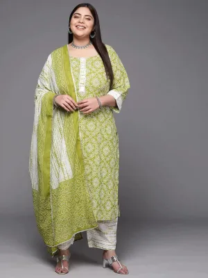 Plus Size Green Printed Cotton Straight Kurta With Trousers & Dupatta