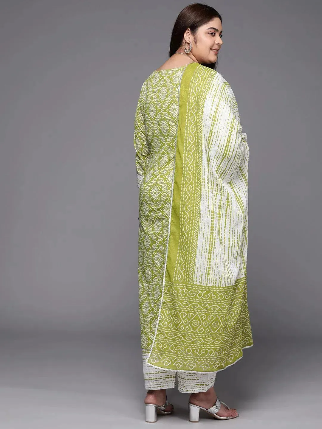 Plus Size Green Printed Cotton Straight Kurta With Trousers & Dupatta