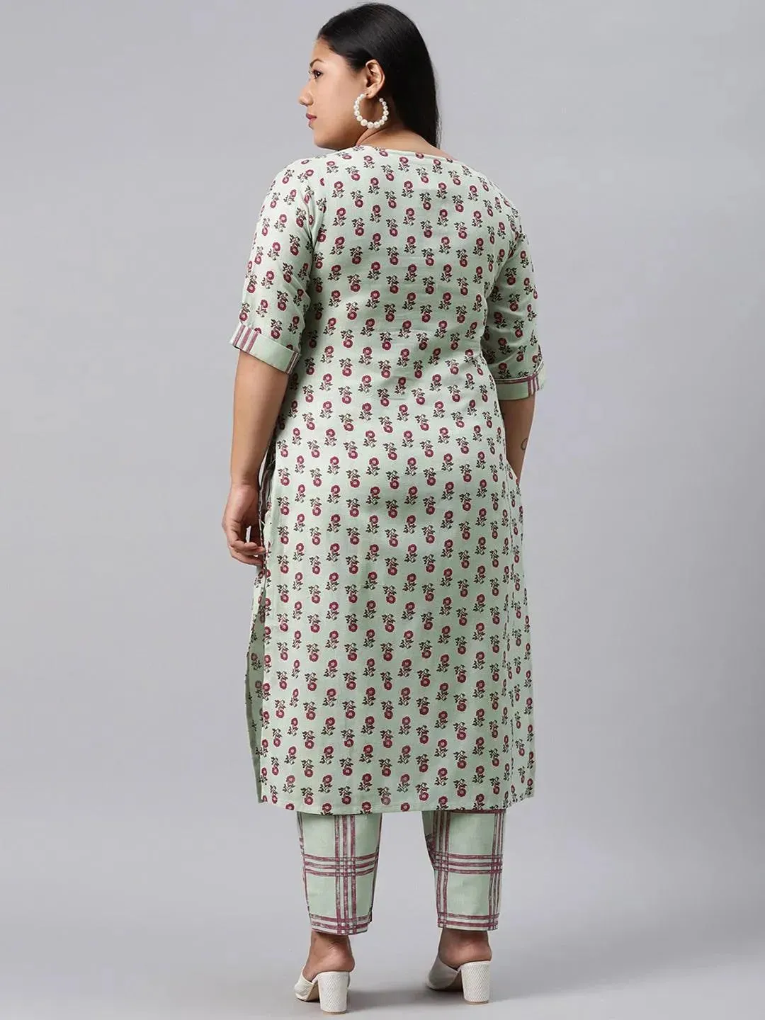Plus Size Green Printed Cotton Straight Kurta With Trousers