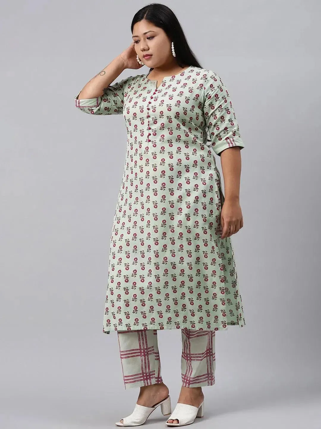 Plus Size Green Printed Cotton Straight Kurta With Trousers