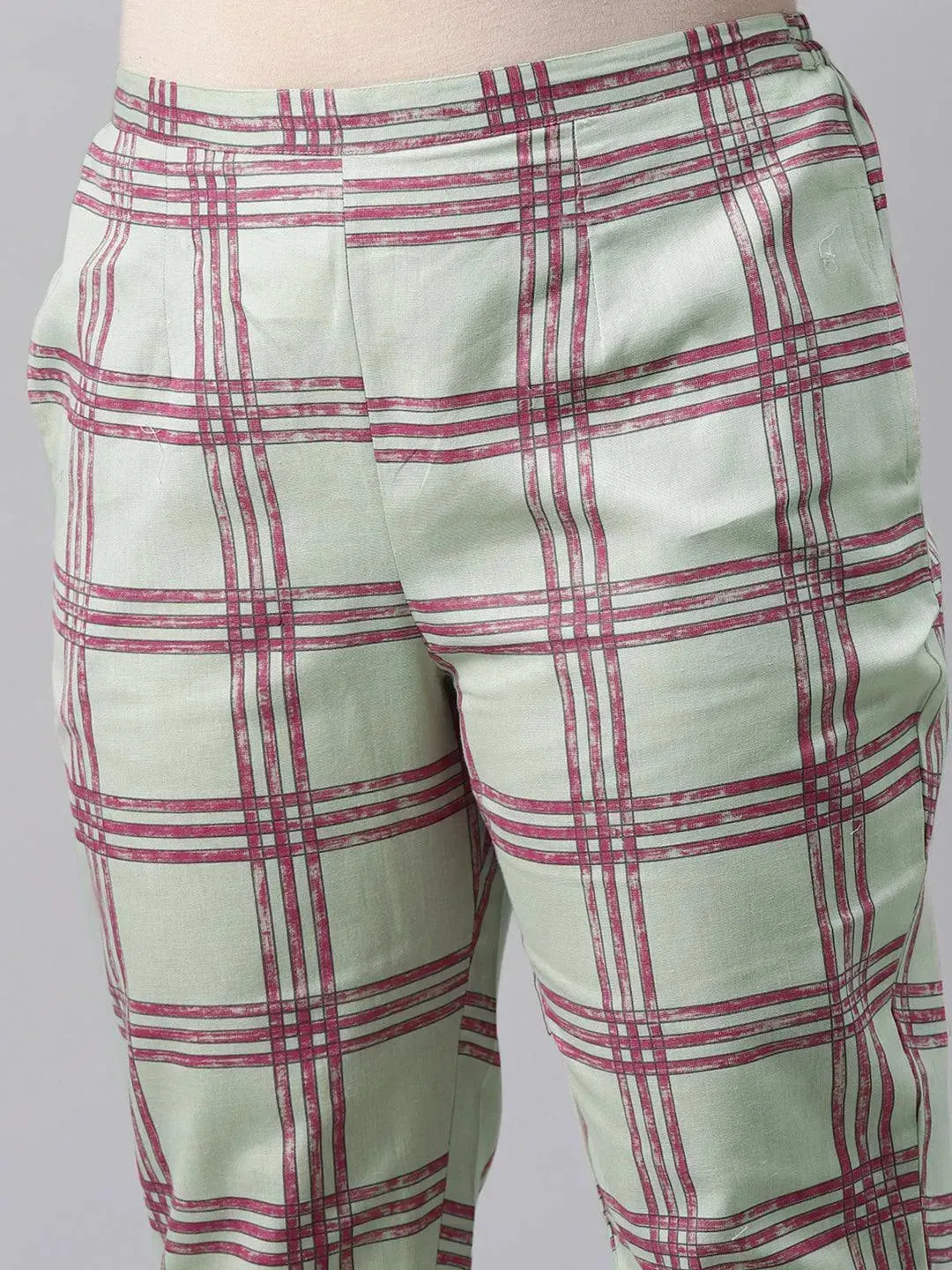 Plus Size Green Printed Cotton Straight Kurta With Trousers