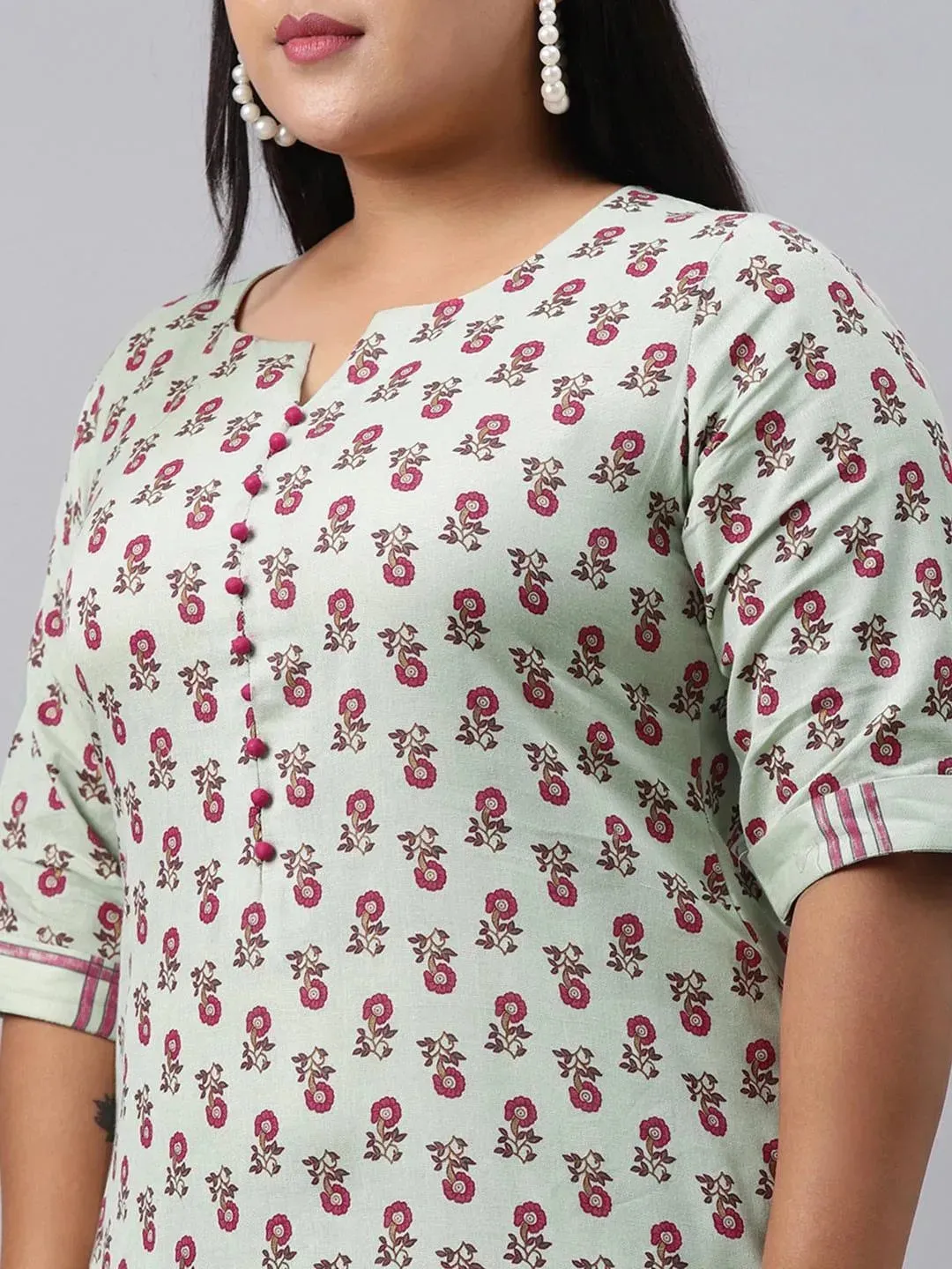 Plus Size Green Printed Cotton Straight Kurta With Trousers