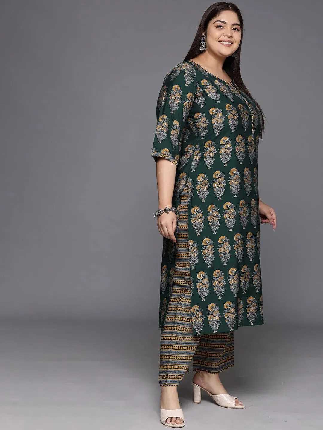 Plus Size Green Printed Silk Blend Straight Suit With Dupatta
