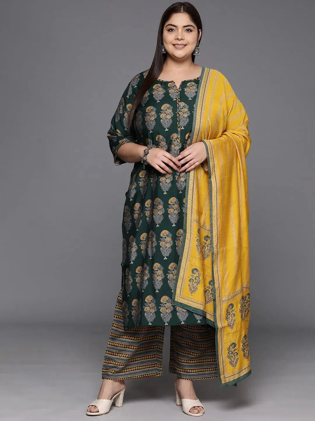Plus Size Green Printed Silk Blend Straight Suit With Dupatta