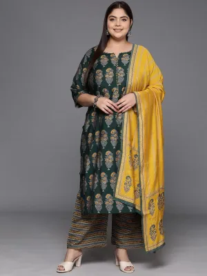Plus Size Green Printed Silk Blend Straight Suit With Dupatta