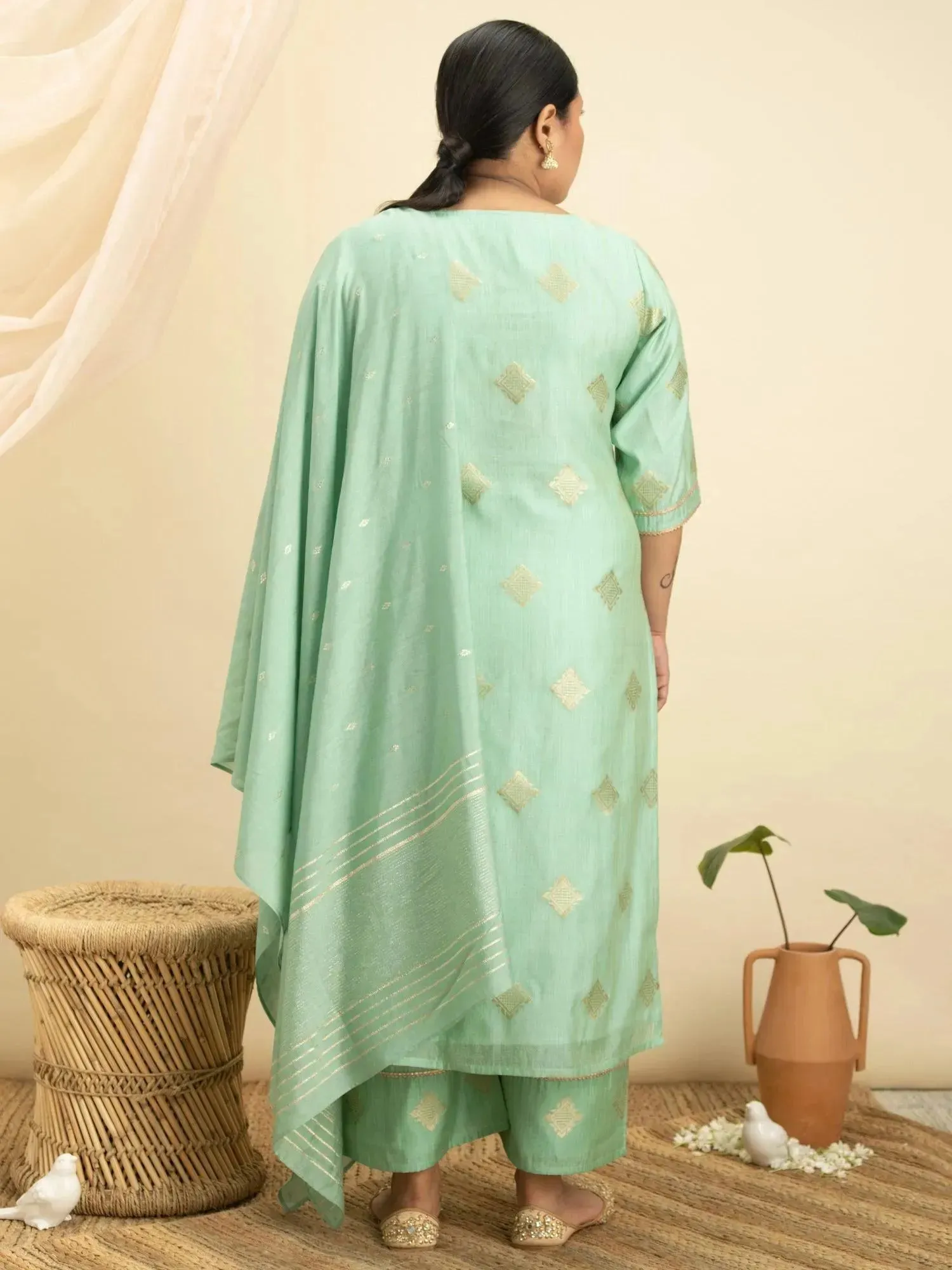 Plus Size Green Self Design Silk Straight Kurta With Palazzos & Dupatta
