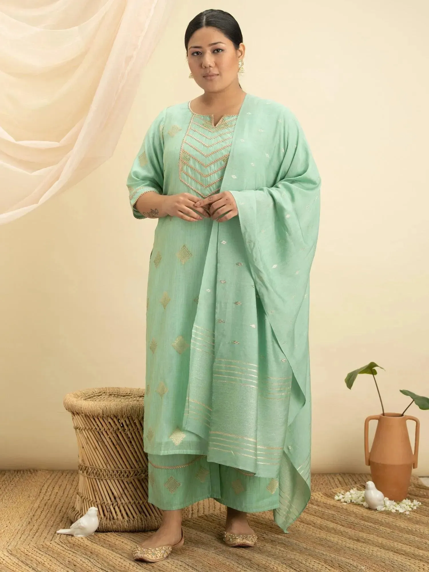 Plus Size Green Self Design Silk Straight Kurta With Palazzos & Dupatta