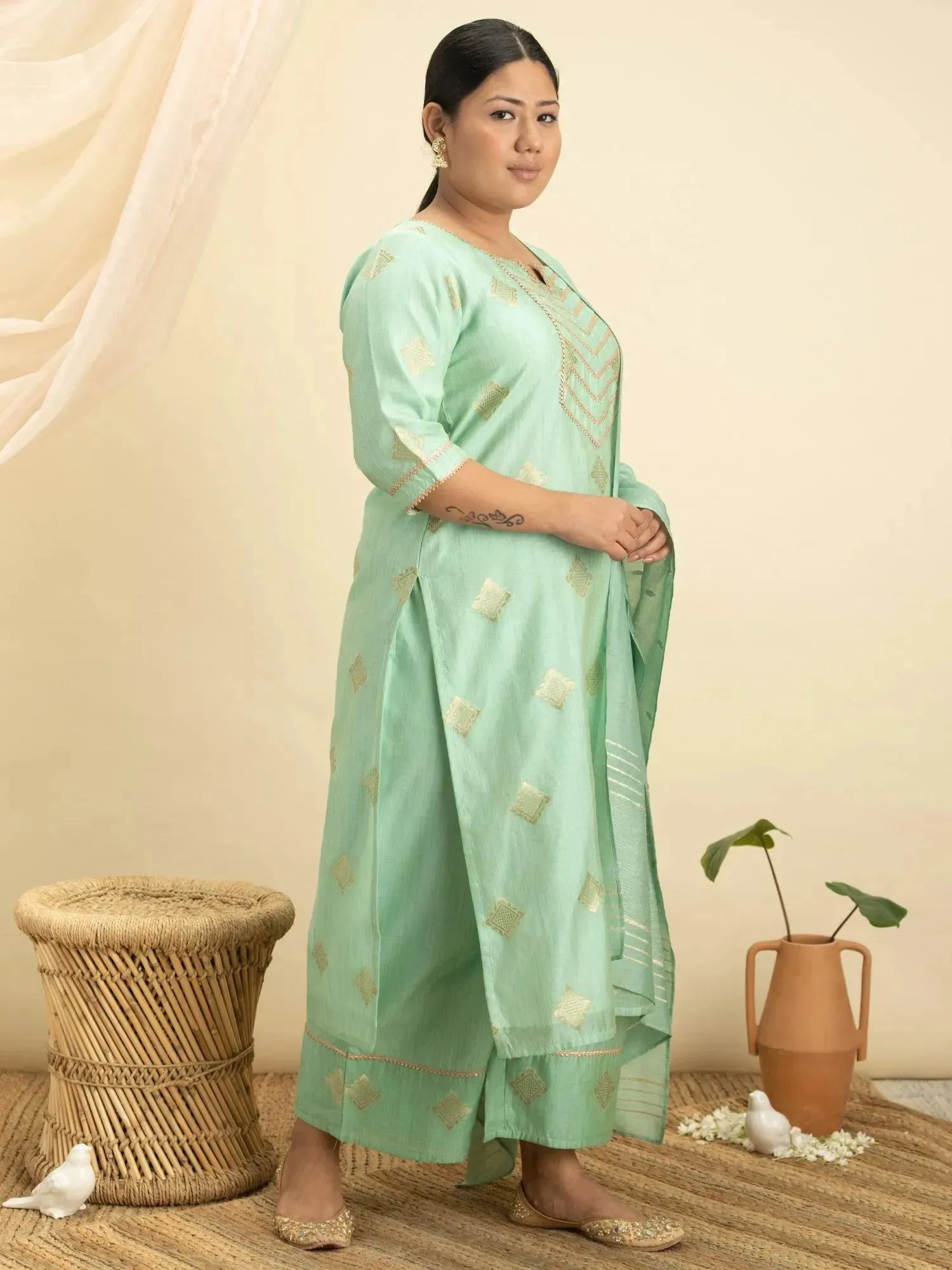 Plus Size Green Self Design Silk Straight Kurta With Palazzos & Dupatta