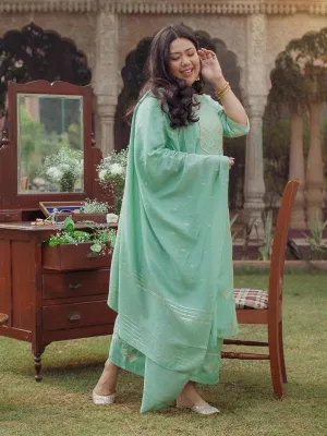 Plus Size Green Self Design Silk Straight Kurta With Palazzos & Dupatta