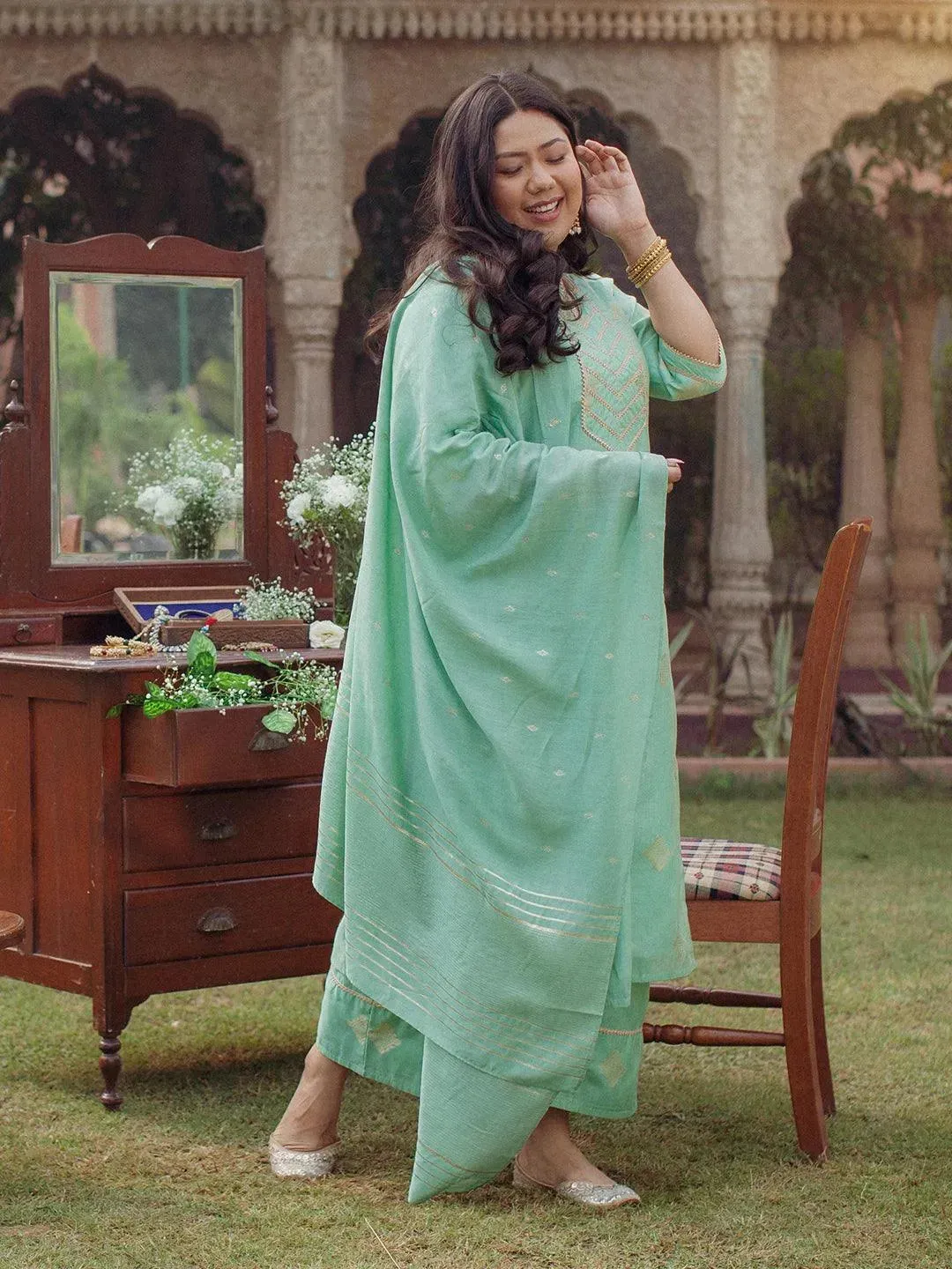 Plus Size Green Self Design Silk Straight Kurta With Palazzos & Dupatta