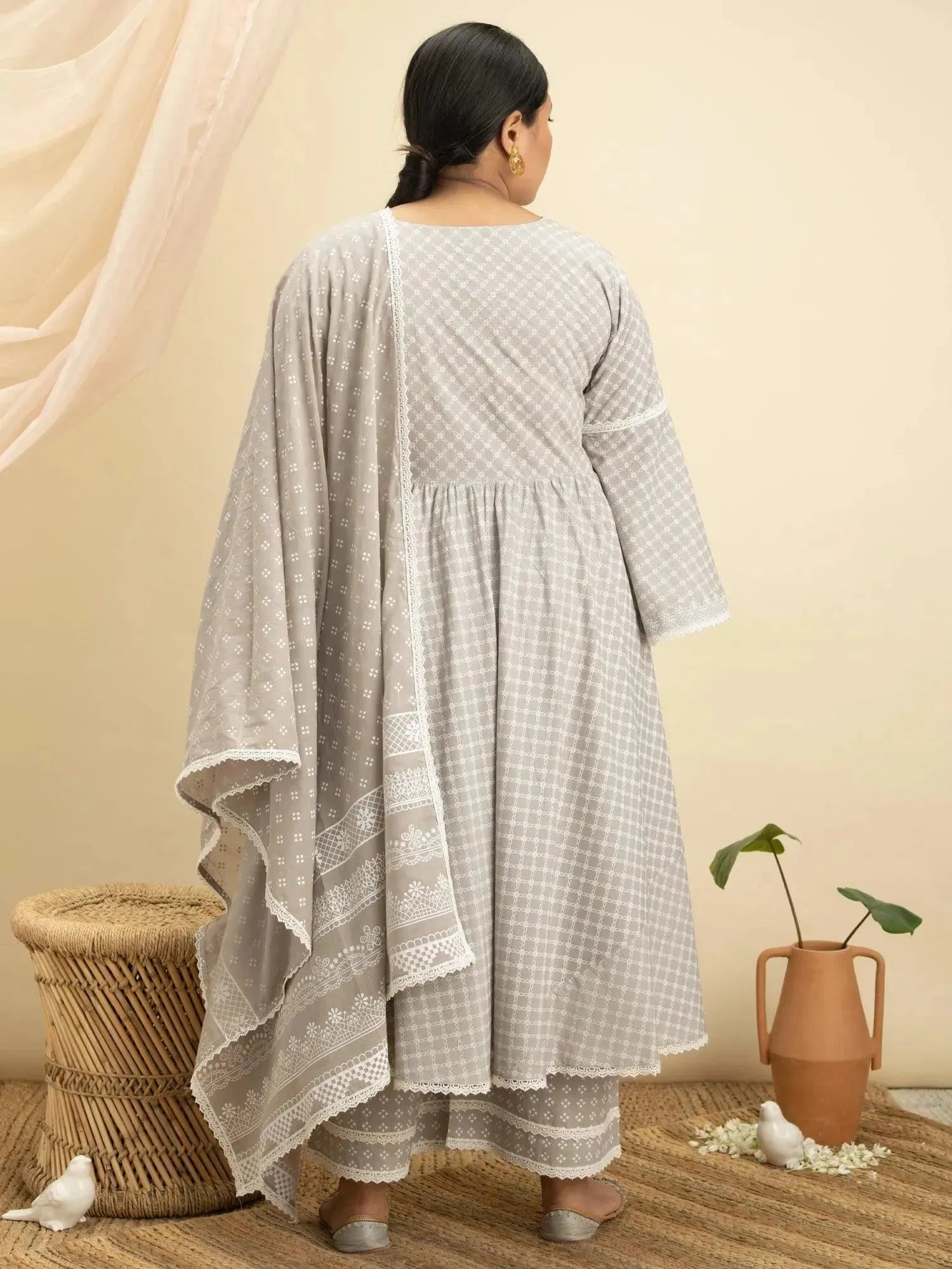 Plus Size Grey Printed Cotton Anarkali Kurta With Palazzos & Dupatta