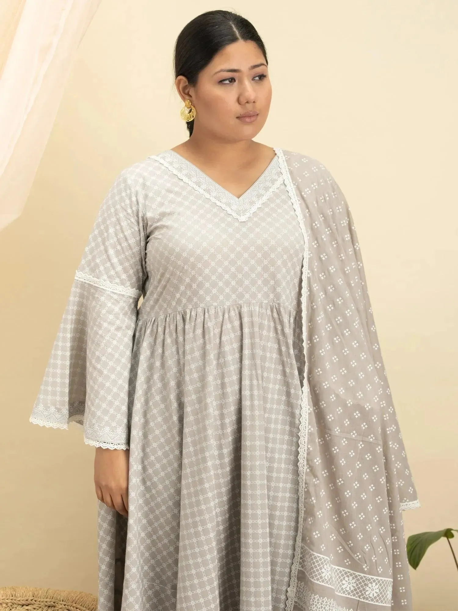 Plus Size Grey Printed Cotton Anarkali Kurta With Palazzos & Dupatta
