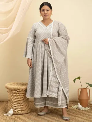 Plus Size Grey Printed Cotton Anarkali Kurta With Palazzos & Dupatta