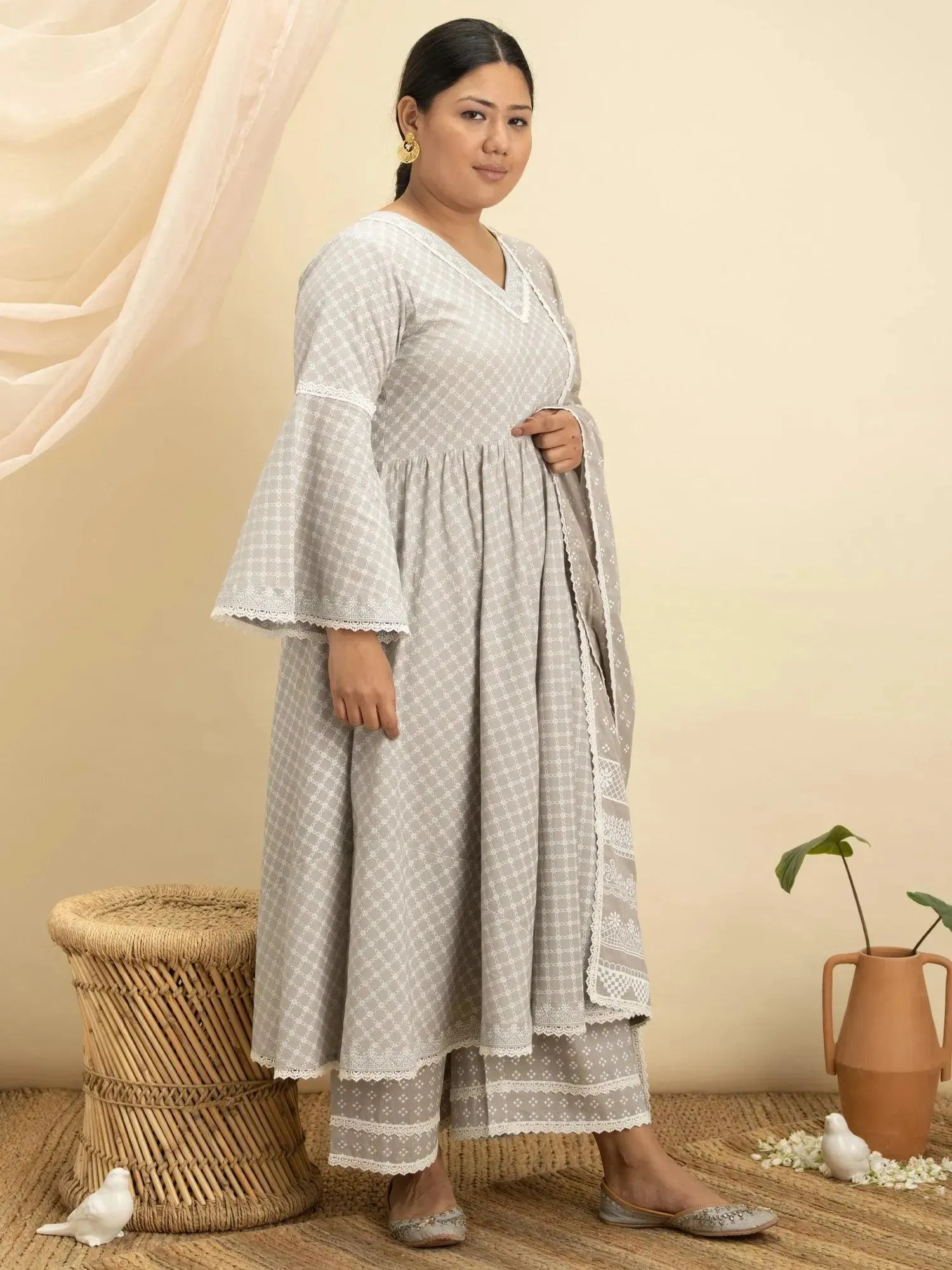 Plus Size Grey Printed Cotton Anarkali Kurta With Palazzos & Dupatta