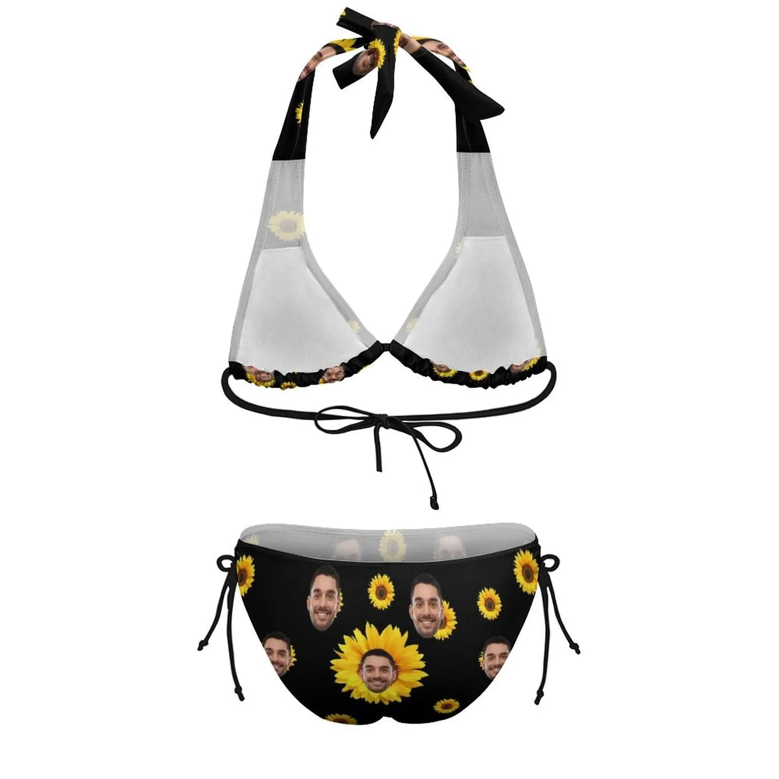 #Plus Size Halter Trikini-Custom Face Sun Flower Plus Size Swimsuit Deep V Neck Halter Tie Side Low Waisted Triangle Bikini Personalized Bathing Suit Beach Outfits