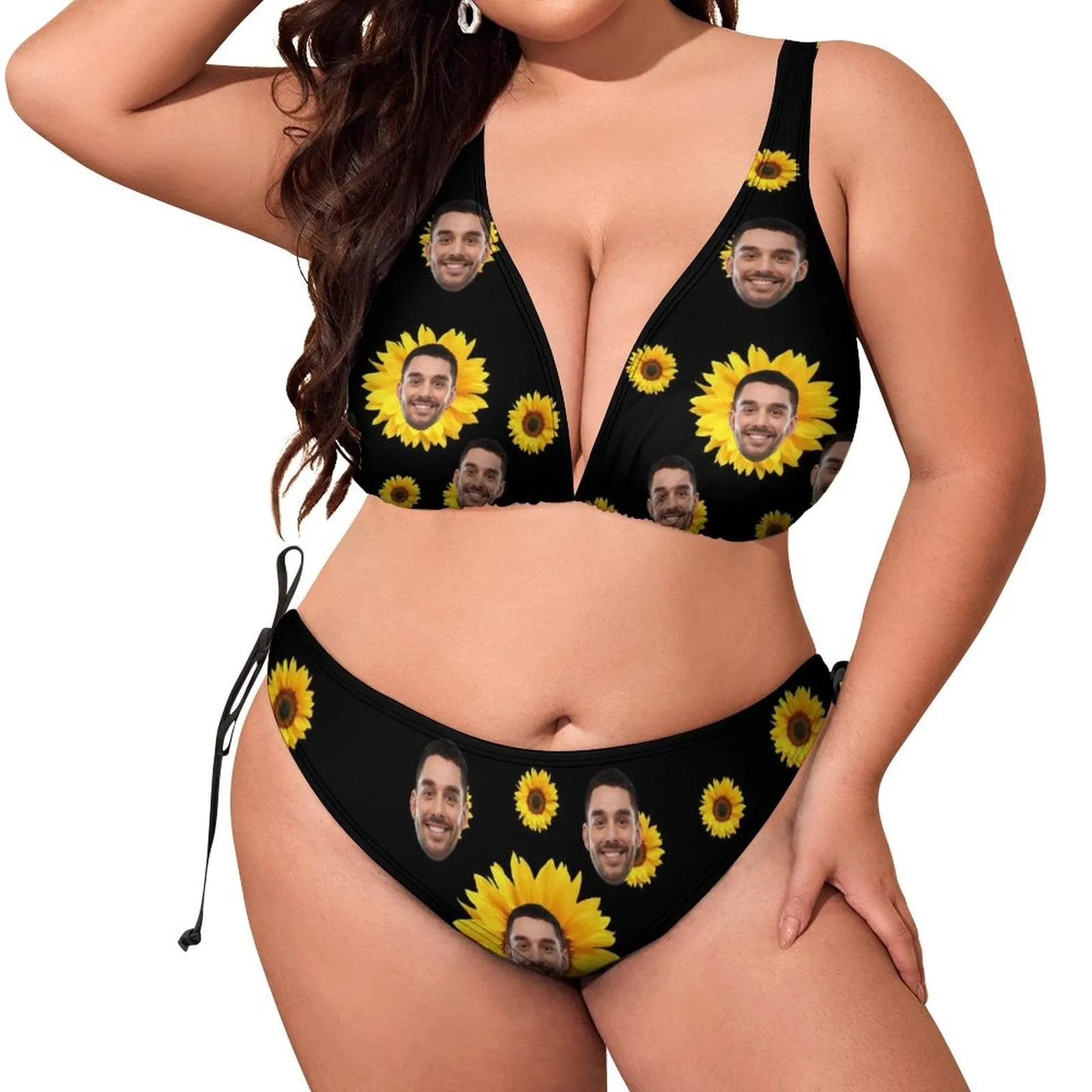 #Plus Size Halter Trikini-Custom Face Sun Flower Plus Size Swimsuit Deep V Neck Halter Tie Side Low Waisted Triangle Bikini Personalized Bathing Suit Beach Outfits