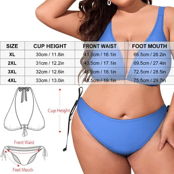 #Plus Size Halter Trikini-Custom Face Sun Flower Plus Size Swimsuit Deep V Neck Halter Tie Side Low Waisted Triangle Bikini Personalized Bathing Suit Beach Outfits