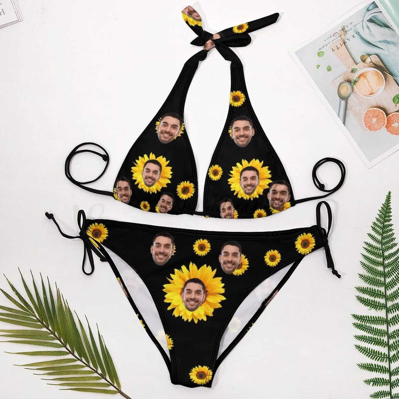 #Plus Size Halter Trikini-Custom Face Sun Flower Plus Size Swimsuit Deep V Neck Halter Tie Side Low Waisted Triangle Bikini Personalized Bathing Suit Beach Outfits