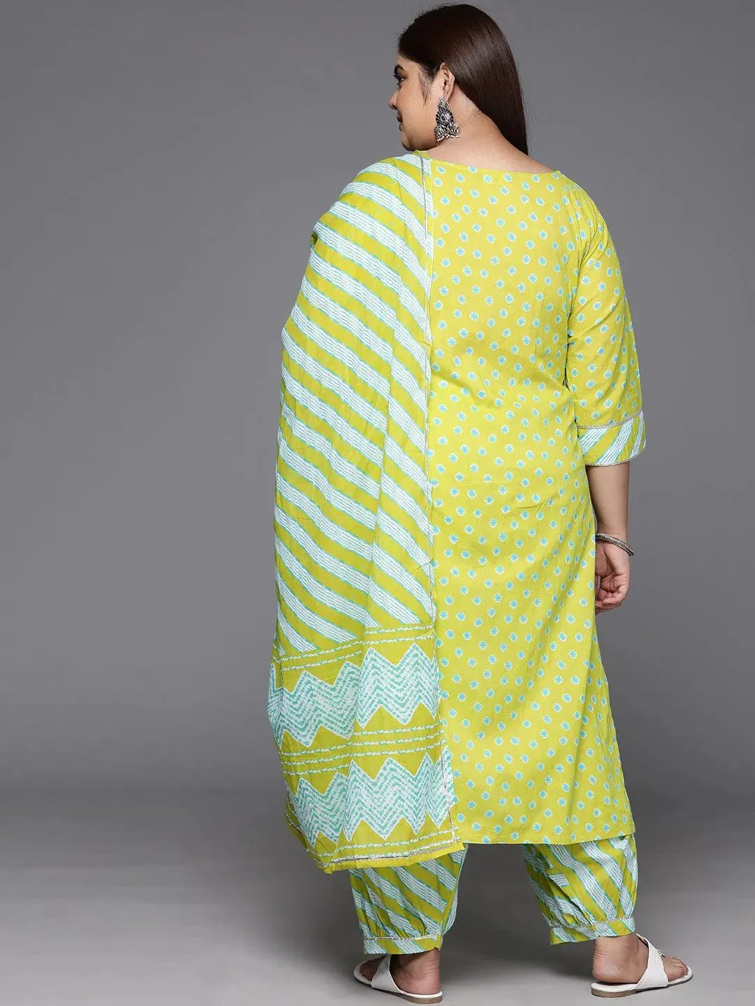 Plus Size Lime Green Yoke Design Cotton Straight Kurta With Salwar & Dupatta