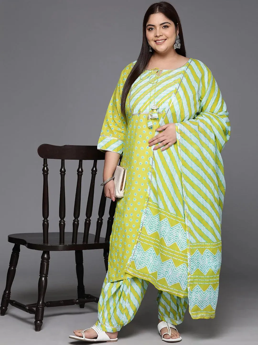 Plus Size Lime Green Yoke Design Cotton Straight Kurta With Salwar & Dupatta