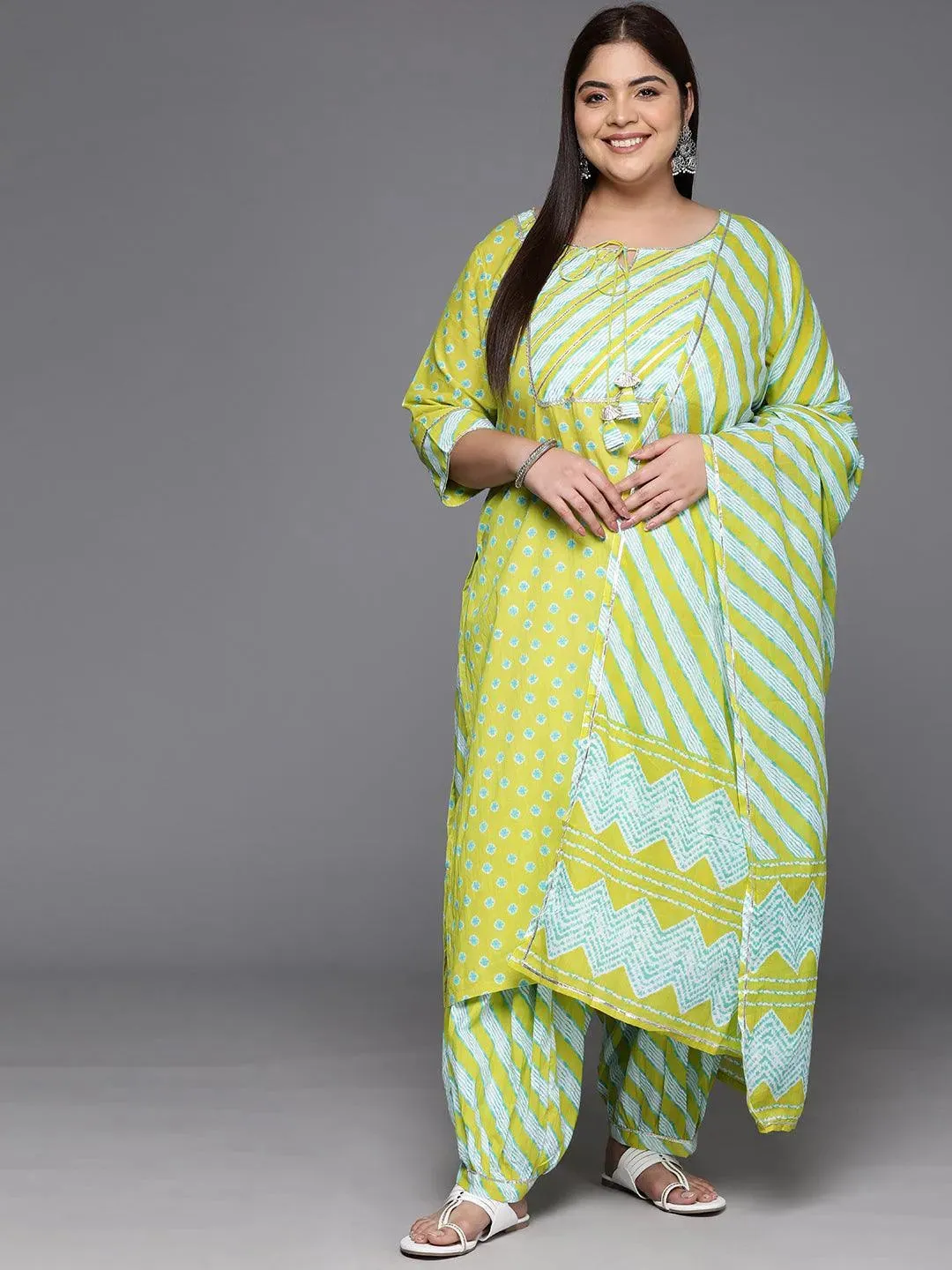 Plus Size Lime Green Yoke Design Cotton Straight Kurta With Salwar & Dupatta