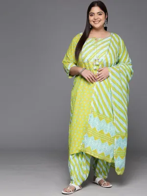 Plus Size Lime Green Yoke Design Cotton Straight Kurta With Salwar & Dupatta