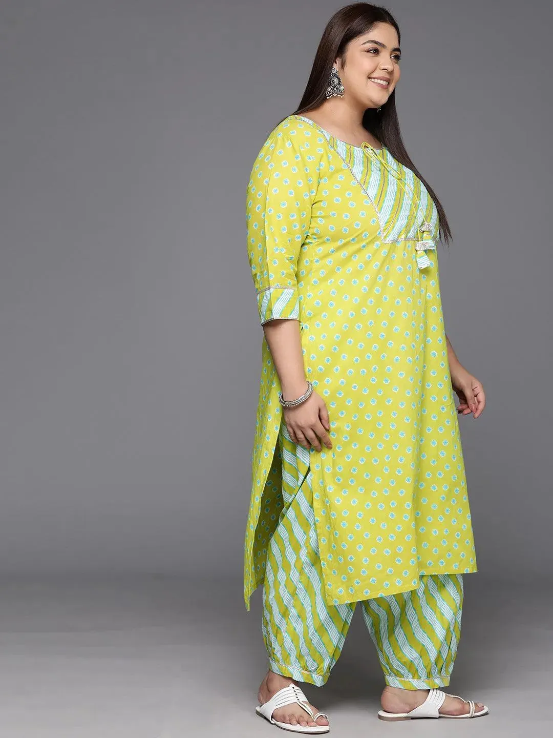 Plus Size Lime Green Yoke Design Cotton Straight Kurta With Salwar & Dupatta