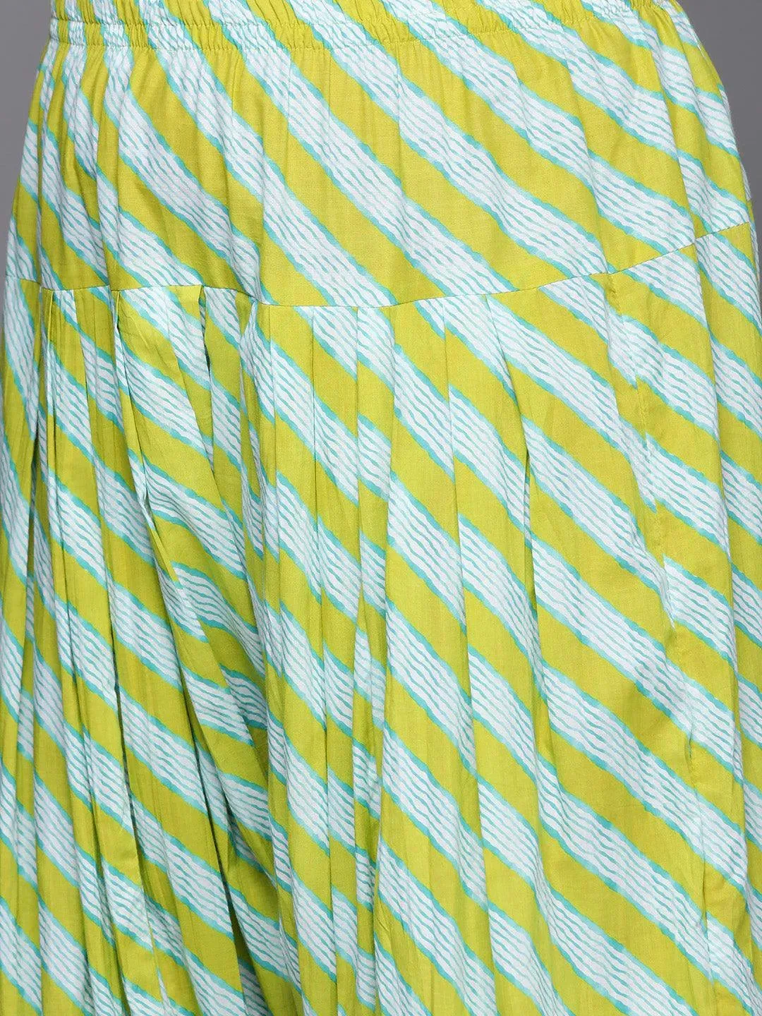 Plus Size Lime Green Yoke Design Cotton Straight Kurta With Salwar & Dupatta