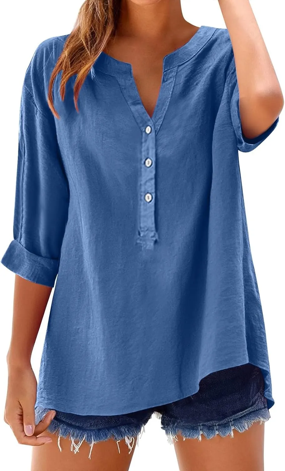 Plus Size Linen Tops for Women V Neck Long Sleeve Button Down Shirts Office Work Blouse Summer Beach Vacation Tunics
