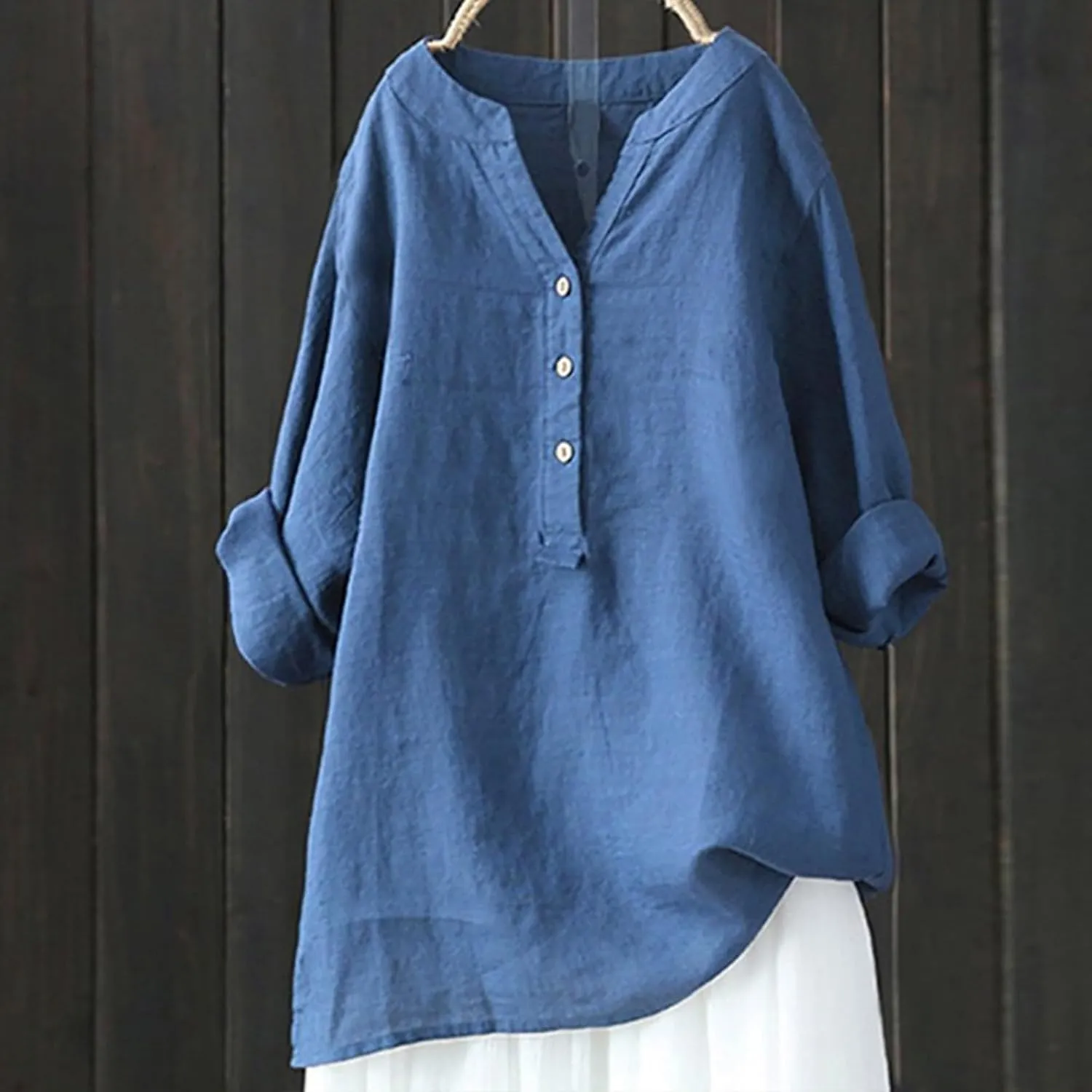 Plus Size Linen Tops for Women V Neck Long Sleeve Button Down Shirts Office Work Blouse Summer Beach Vacation Tunics