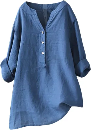 Plus Size Linen Tops for Women V Neck Long Sleeve Button Down Shirts Office Work Blouse Summer Beach Vacation Tunics