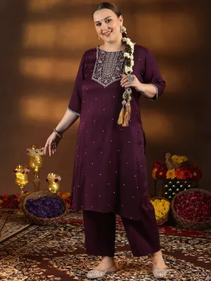 Plus Size Maroon Embroidered Silk Blend Straight Kurta Set