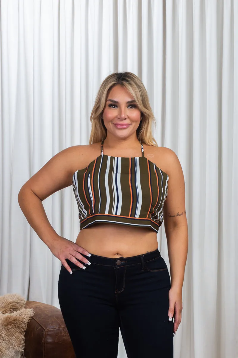 Plus Size Multicolor Stripe Halter Neck Crop Top with Criss Cross Tie Back (ZB9386F6)