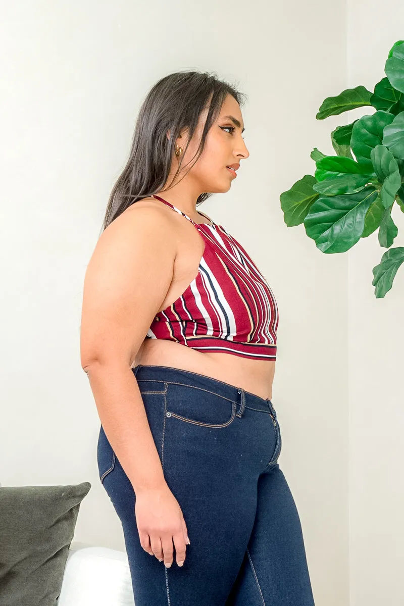 Plus Size Multicolor Stripe Halter Neck Crop Top with Criss Cross Tie Back (ZB9386F6)