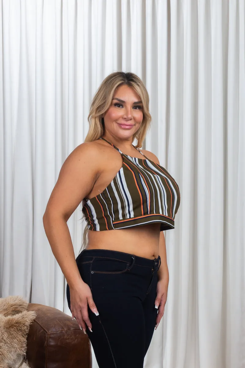 Plus Size Multicolor Stripe Halter Neck Crop Top with Criss Cross Tie Back (ZB9386F6)