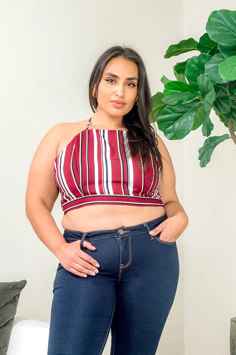 Plus Size Multicolor Stripe Halter Neck Crop Top with Criss Cross Tie Back (ZB9386F6)
