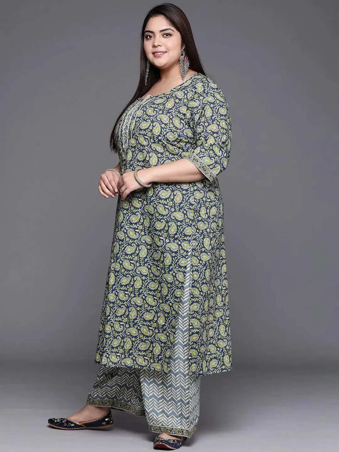 Plus Size Navy Blue Printed Cotton Straight Kurta With Palazzos & Dupatta