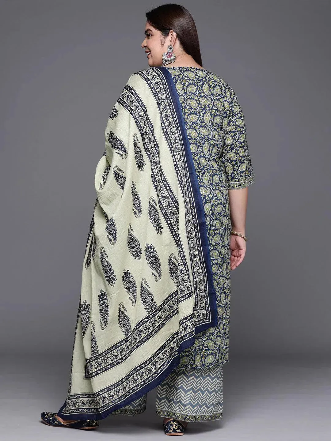 Plus Size Navy Blue Printed Cotton Straight Kurta With Palazzos & Dupatta