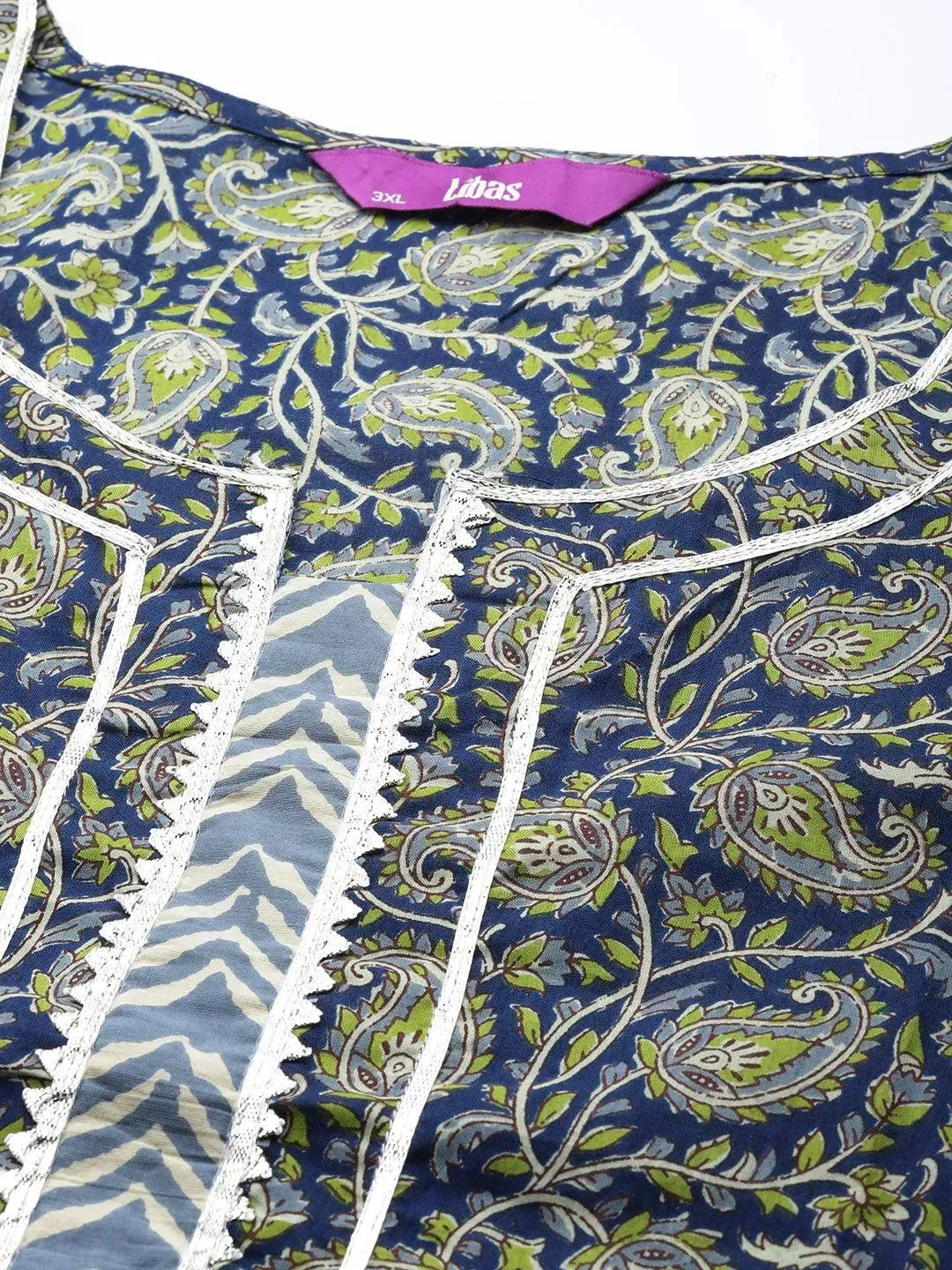 Plus Size Navy Blue Printed Cotton Straight Kurta With Palazzos & Dupatta