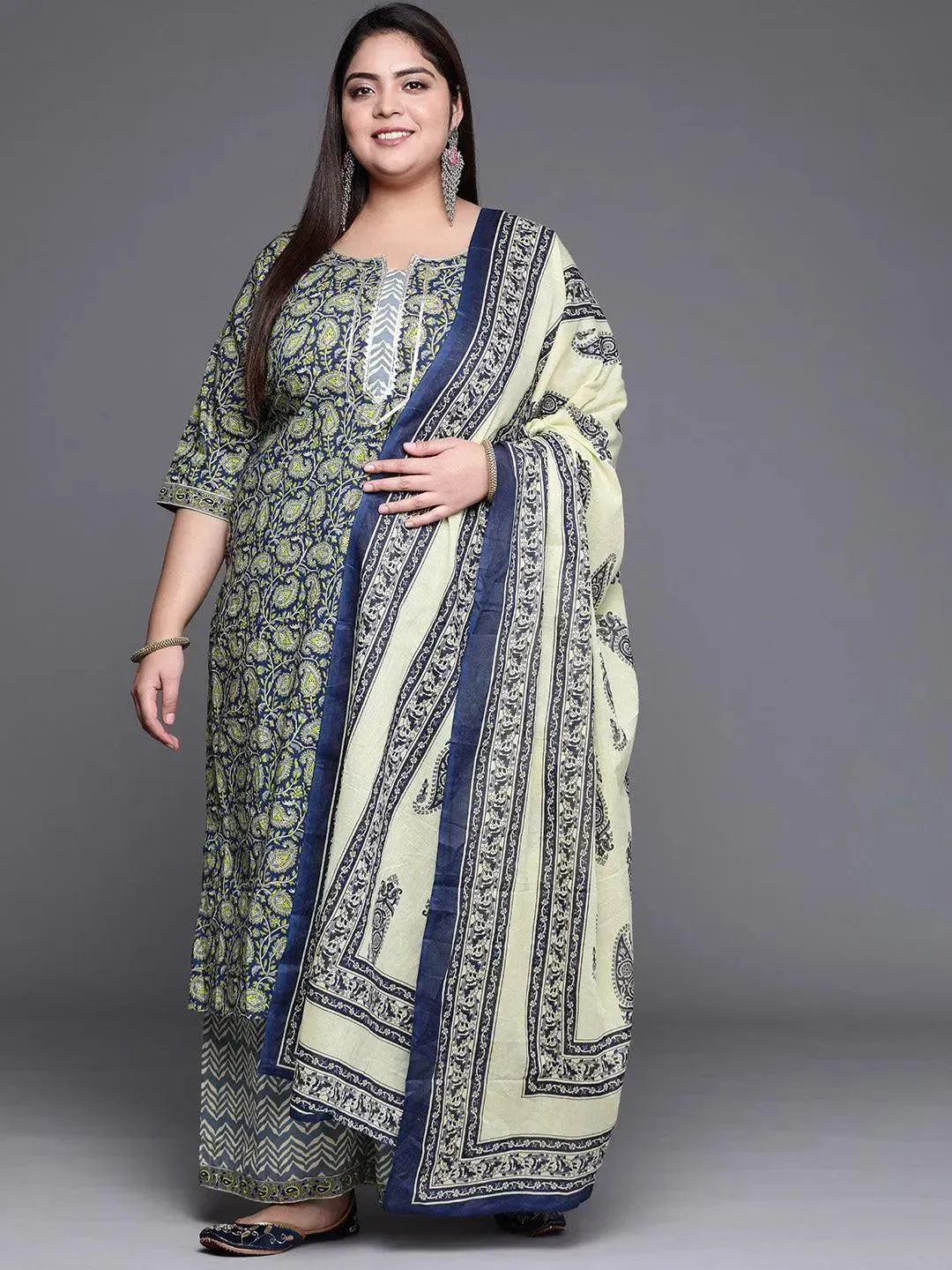 Plus Size Navy Blue Printed Cotton Straight Kurta With Palazzos & Dupatta