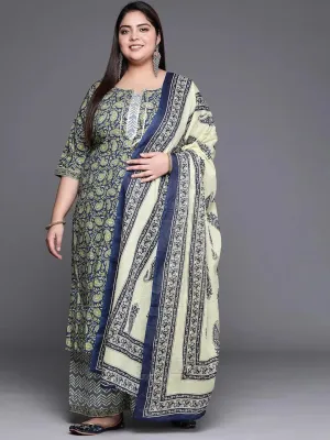 Plus Size Navy Blue Printed Cotton Straight Kurta With Palazzos & Dupatta