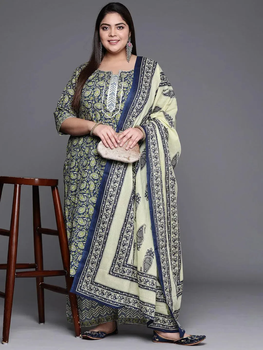 Plus Size Navy Blue Printed Cotton Straight Kurta With Palazzos & Dupatta
