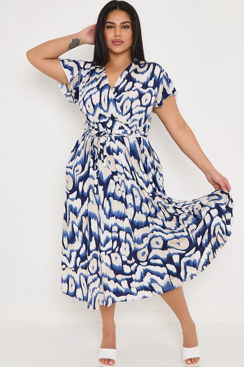 Plus Size Navy Printed Wrap Tie Waist Dress With Pockets