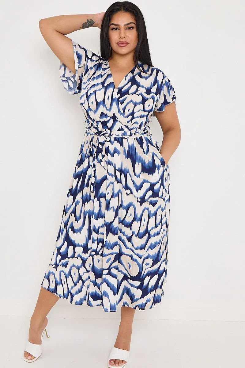 Plus Size Navy Printed Wrap Tie Waist Dress With Pockets