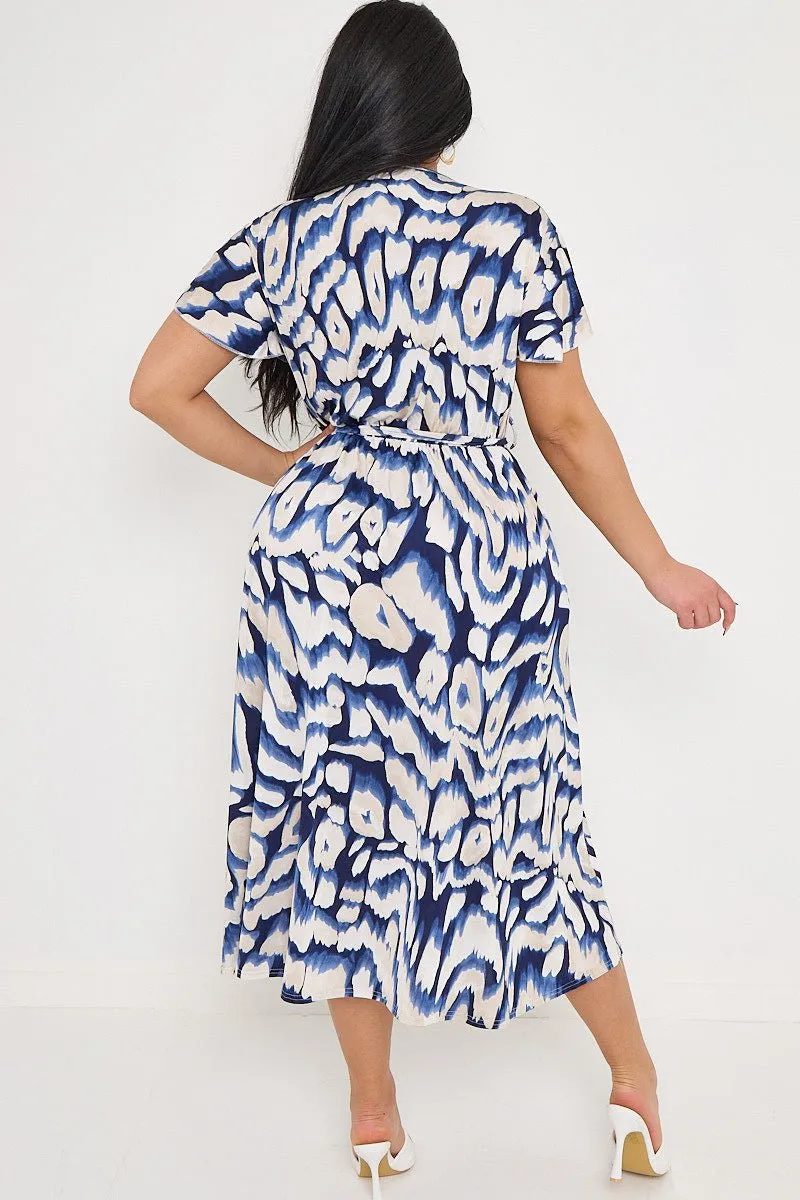 Plus Size Navy Printed Wrap Tie Waist Dress With Pockets