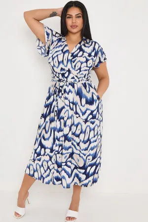 Plus Size Navy Printed Wrap Tie Waist Dress With Pockets