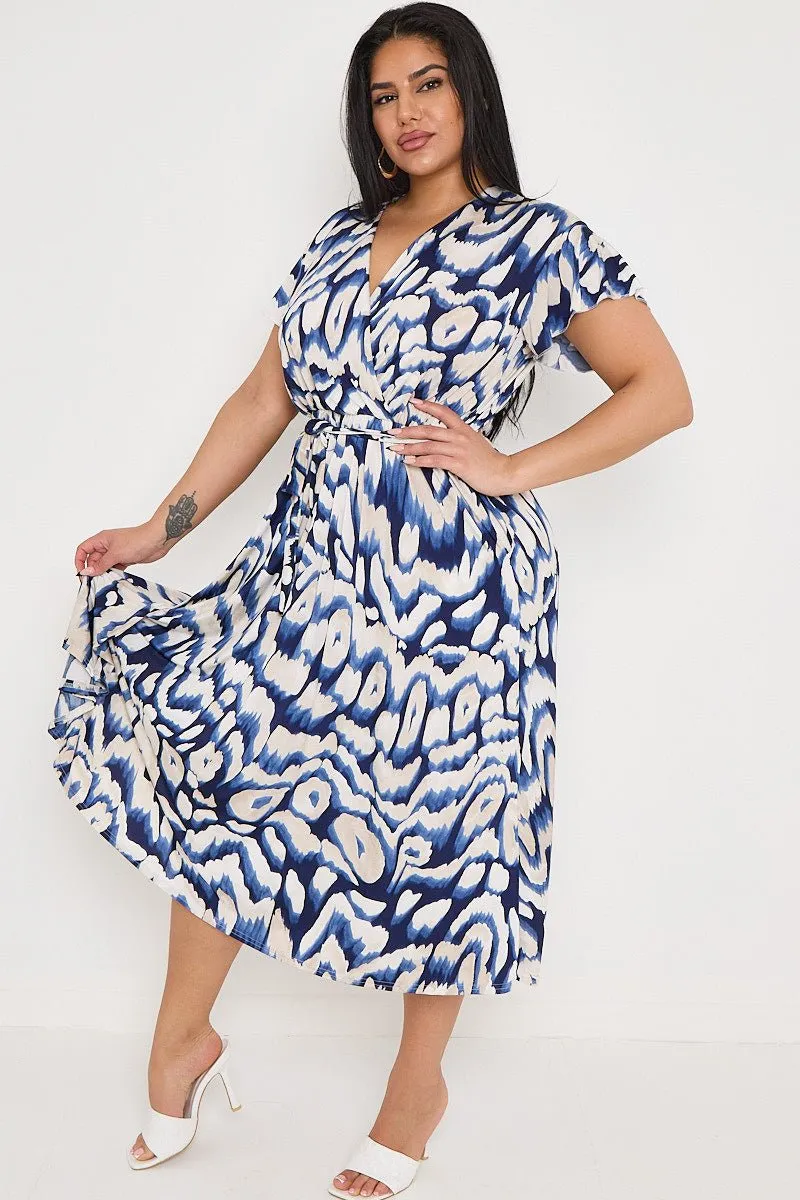 Plus Size Navy Printed Wrap Tie Waist Dress With Pockets