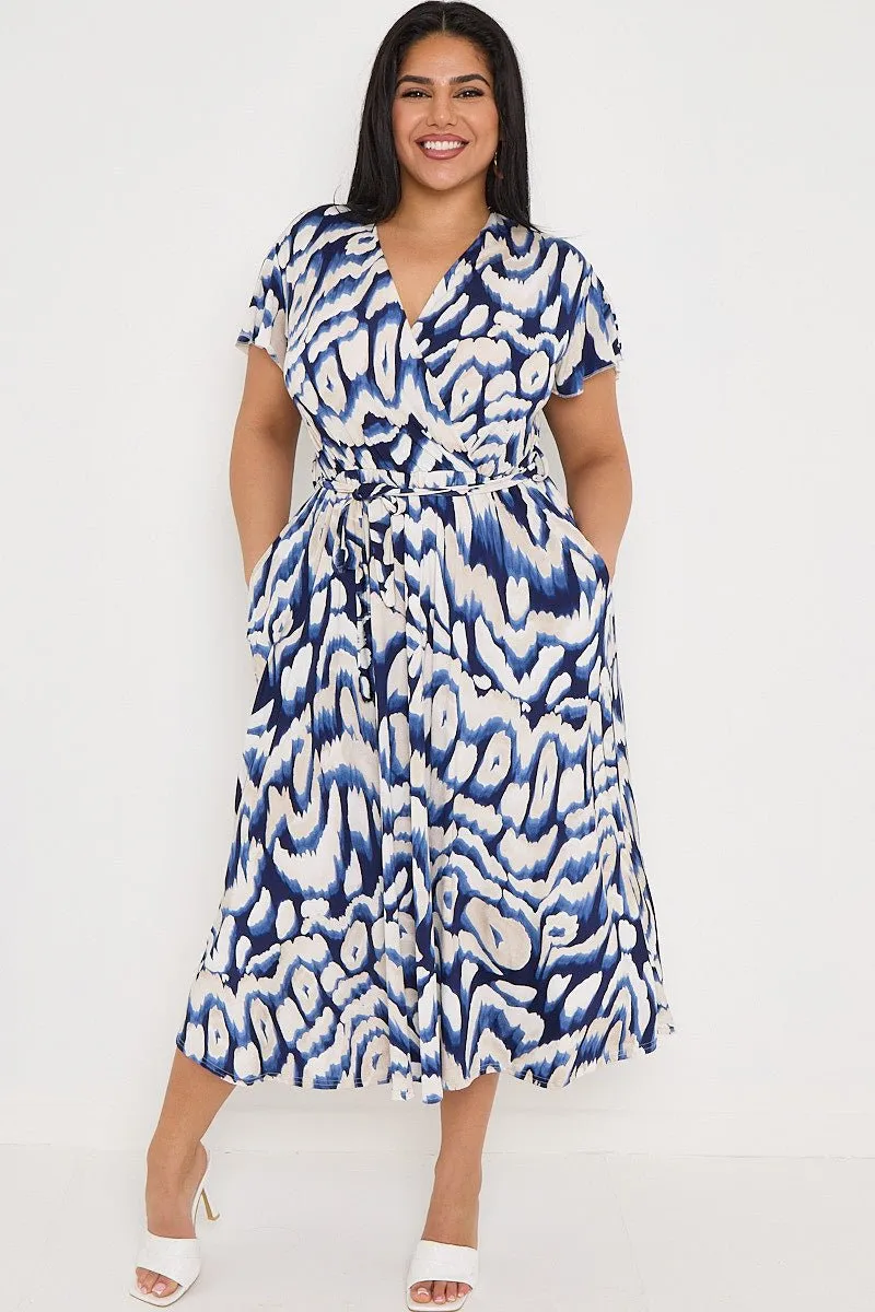 Plus Size Navy Printed Wrap Tie Waist Dress With Pockets