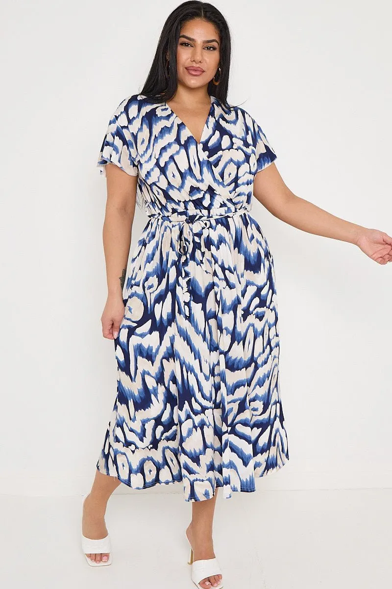 Plus Size Navy Printed Wrap Tie Waist Dress With Pockets
